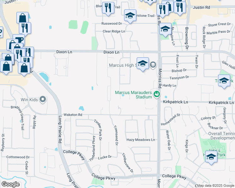 map of restaurants, bars, coffee shops, grocery stores, and more near 5613 Lavon Drive in Flower Mound