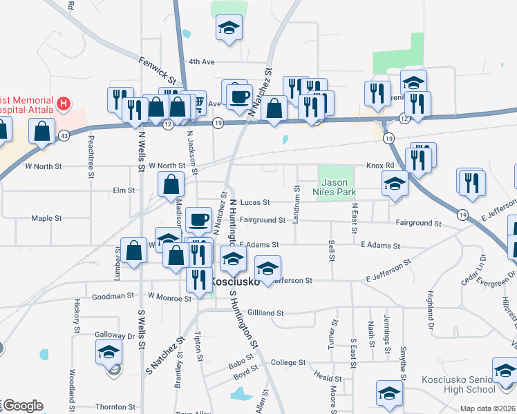 map of restaurants, bars, coffee shops, grocery stores, and more near 311 Lucas Street in Kosciusko