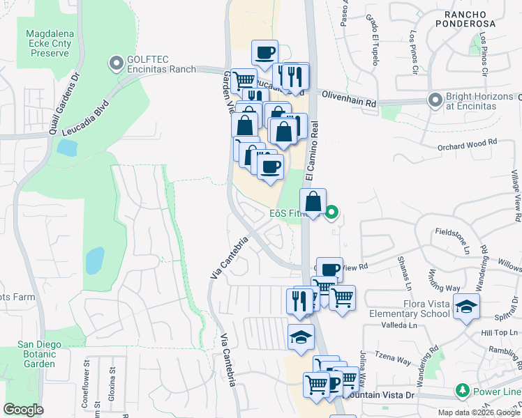 map of restaurants, bars, coffee shops, grocery stores, and more near 1047 Cottage Way in Encinitas