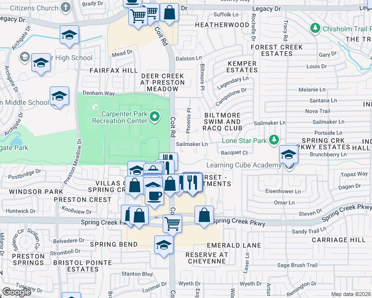 map of restaurants, bars, coffee shops, grocery stores, and more near 6520 Castille Court in Plano