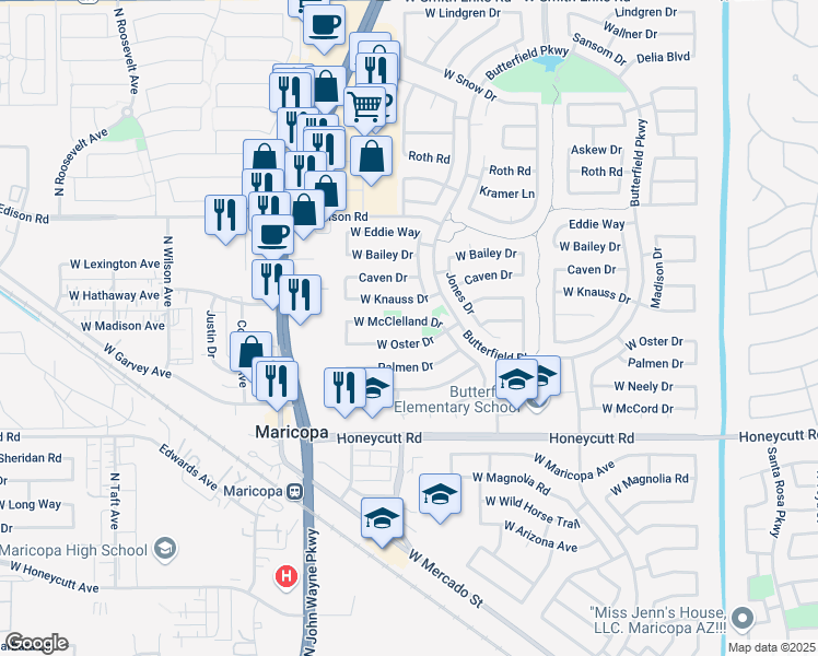 map of restaurants, bars, coffee shops, grocery stores, and more near 44235 McClelland Drive in Maricopa