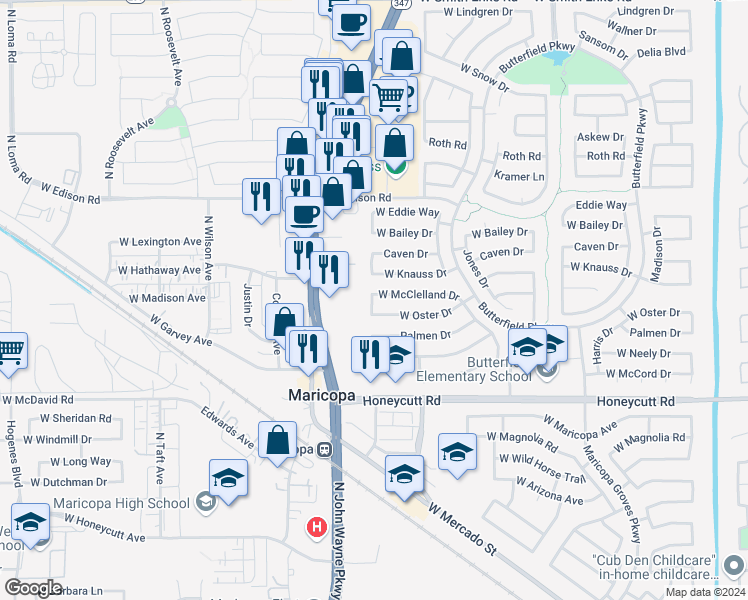 map of restaurants, bars, coffee shops, grocery stores, and more near 44451 McClelland Drive in Maricopa