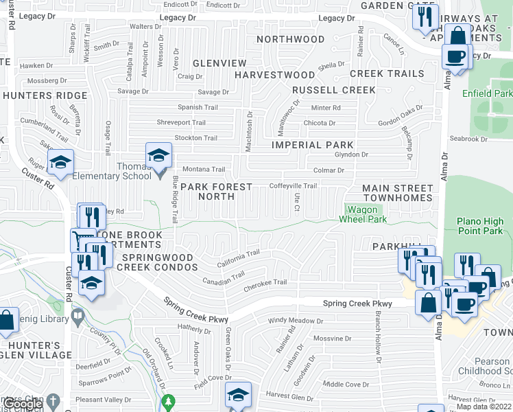 map of restaurants, bars, coffee shops, grocery stores, and more near 6512 Chalk Court in Plano