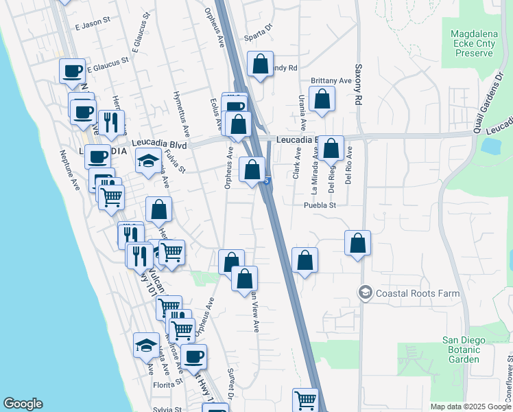 map of restaurants, bars, coffee shops, grocery stores, and more near 697 Ocean View Avenue in Encinitas