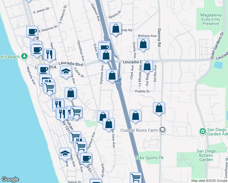map of restaurants, bars, coffee shops, grocery stores, and more near 686 Ocean View Avenue in Encinitas
