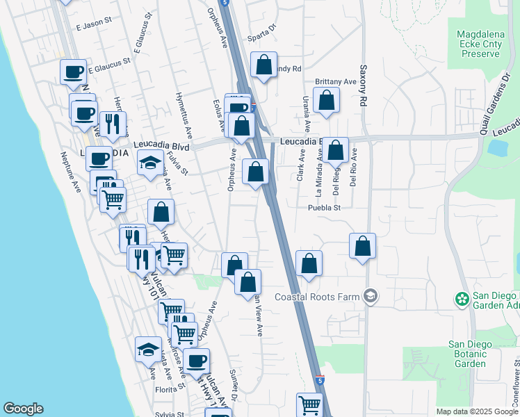 map of restaurants, bars, coffee shops, grocery stores, and more near 697 Ocean View Avenue in Encinitas
