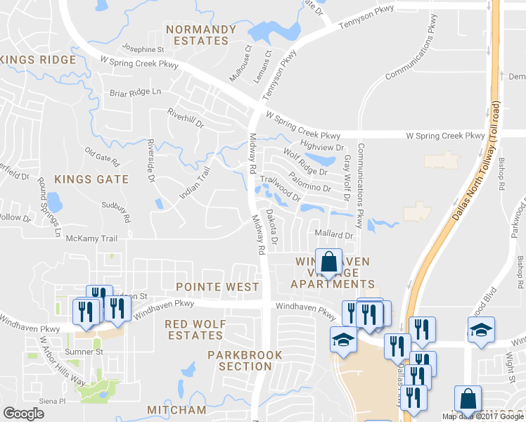 map of restaurants, bars, coffee shops, grocery stores, and more near 6425 Dakota Drive in Plano
