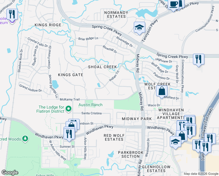 map of restaurants, bars, coffee shops, grocery stores, and more near 6412 Riverside Drive in Plano