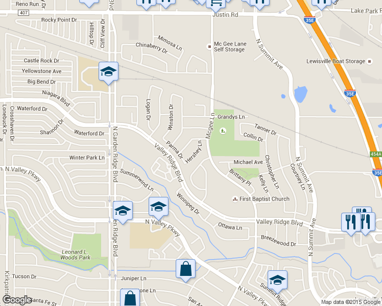map of restaurants, bars, coffee shops, grocery stores, and more near 1212 Hershey Lane in Lewisville