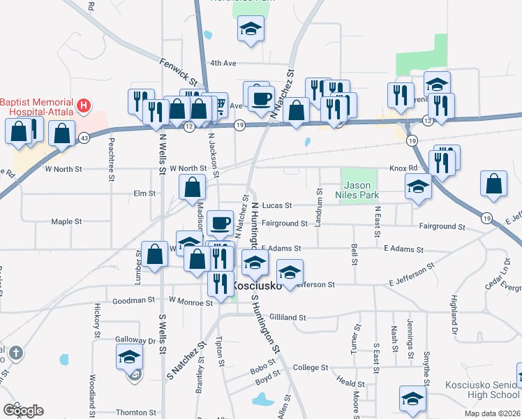 map of restaurants, bars, coffee shops, grocery stores, and more near 404 North Huntington Street in Kosciusko