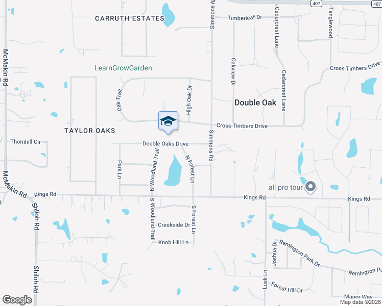 map of restaurants, bars, coffee shops, grocery stores, and more near 225 North Forest Lane in Lewisville