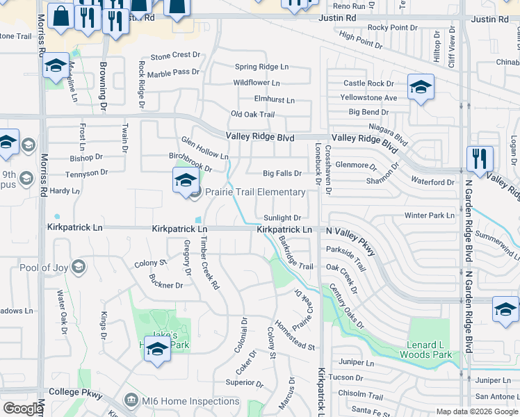 map of restaurants, bars, coffee shops, grocery stores, and more near 5608 Suncreek Path in Flower Mound