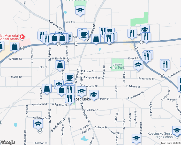 map of restaurants, bars, coffee shops, grocery stores, and more near 311 Lucas Street in Kosciusko