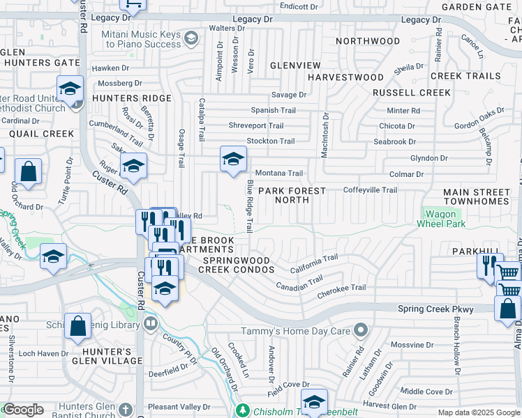 map of restaurants, bars, coffee shops, grocery stores, and more near 6513 Ember Court in Plano