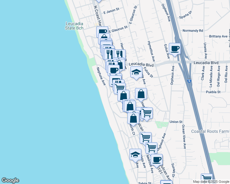 map of restaurants, bars, coffee shops, grocery stores, and more near 684 North Coast Highway 101 in Encinitas