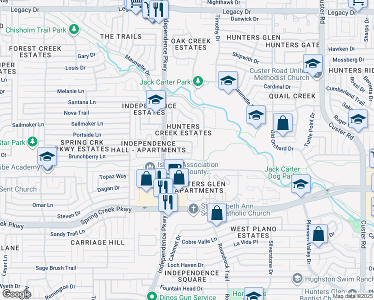 map of restaurants, bars, coffee shops, grocery stores, and more near 2905 Benchmark Drive in Plano