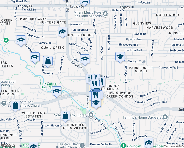 map of restaurants, bars, coffee shops, grocery stores, and more near 6504 Opelousas Court in Plano