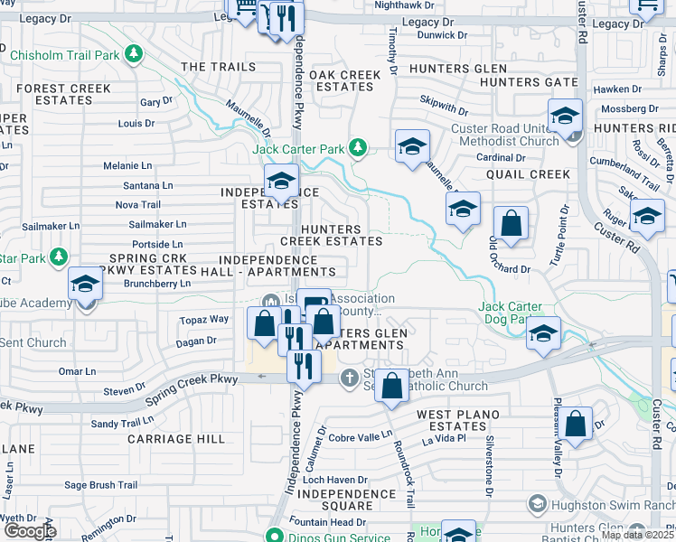 map of restaurants, bars, coffee shops, grocery stores, and more near 2905 Benchmark Drive in Plano