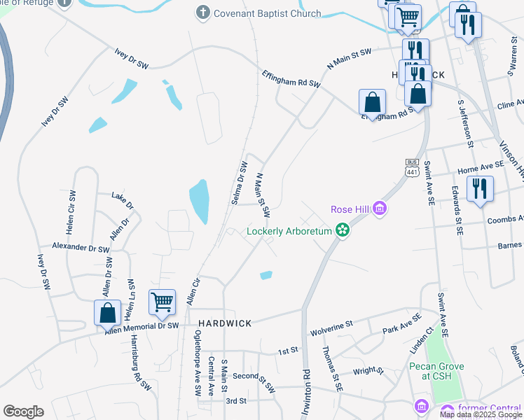 map of restaurants, bars, coffee shops, grocery stores, and more near 163 North Main Street Southwest in Milledgeville