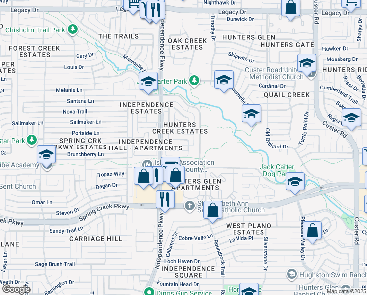 map of restaurants, bars, coffee shops, grocery stores, and more near 2905 Benchmark Drive in Plano