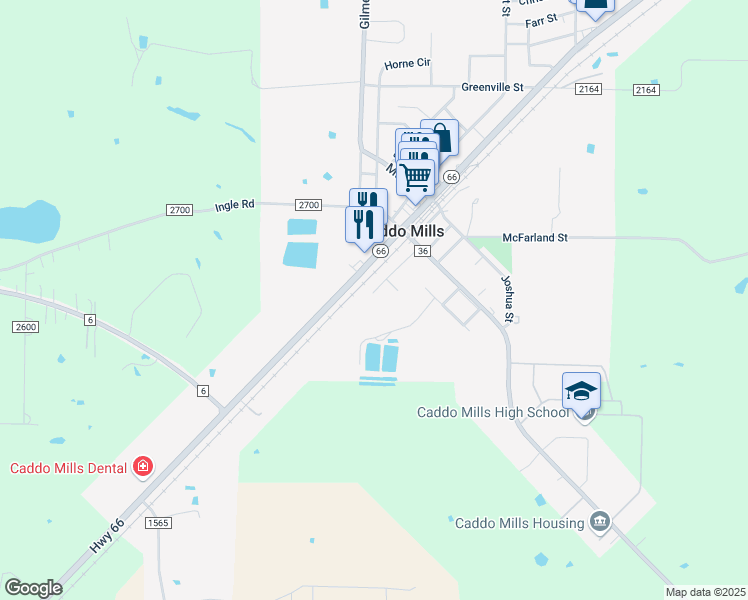 map of restaurants, bars, coffee shops, grocery stores, and more near 2127 Dixie Street in Caddo Mills