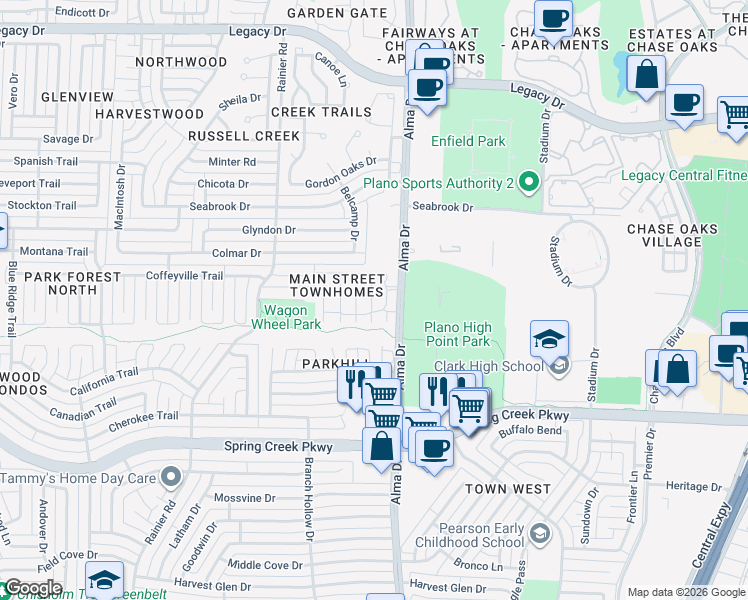 map of restaurants, bars, coffee shops, grocery stores, and more near 6500 Gold Lane in Plano