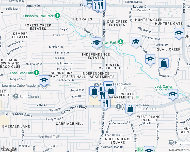 map of restaurants, bars, coffee shops, grocery stores, and more near 6501 Independence Parkway in Plano