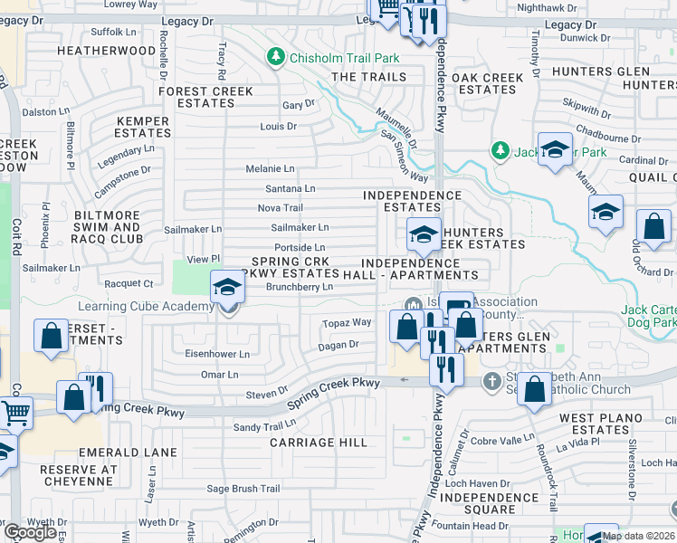 map of restaurants, bars, coffee shops, grocery stores, and more near 3217 Brunchberry Lane in Plano