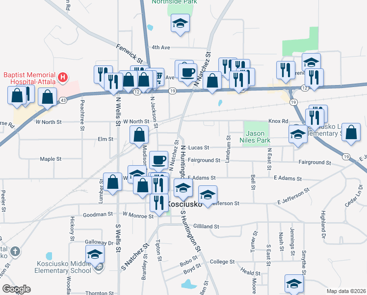 map of restaurants, bars, coffee shops, grocery stores, and more near 500 North Huntington Street in Kosciusko