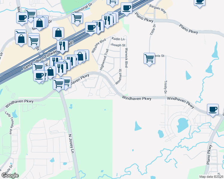 map of restaurants, bars, coffee shops, grocery stores, and more near 5200 Windhaven Parkway in Lewisville