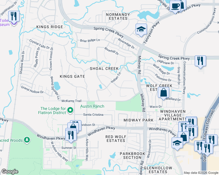 map of restaurants, bars, coffee shops, grocery stores, and more near 6412 Riverside Drive in Plano