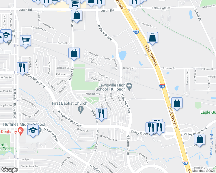 map of restaurants, bars, coffee shops, grocery stores, and more near 1232 Taylor Lane in Lewisville