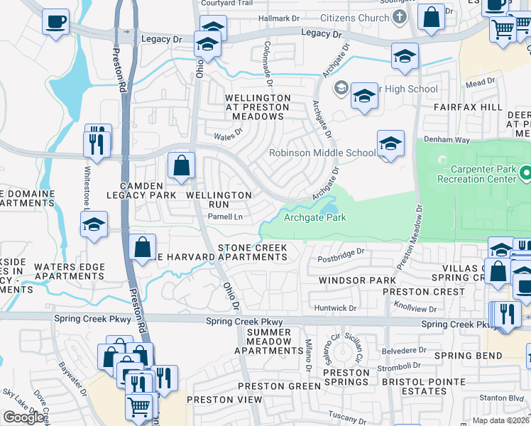 map of restaurants, bars, coffee shops, grocery stores, and more near 4616 Parnell Lane in Plano