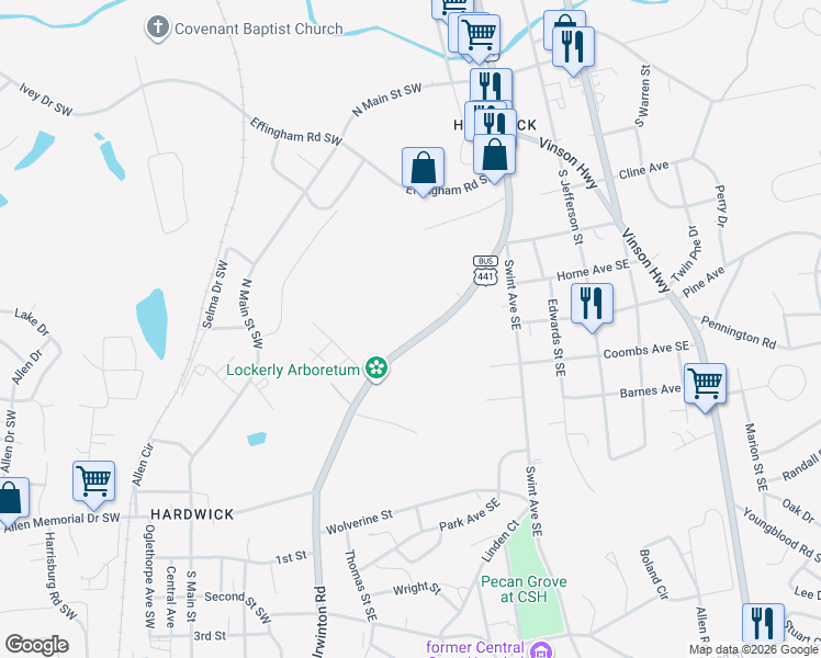 map of restaurants, bars, coffee shops, grocery stores, and more near 1515 Irwinton Road in Milledgeville