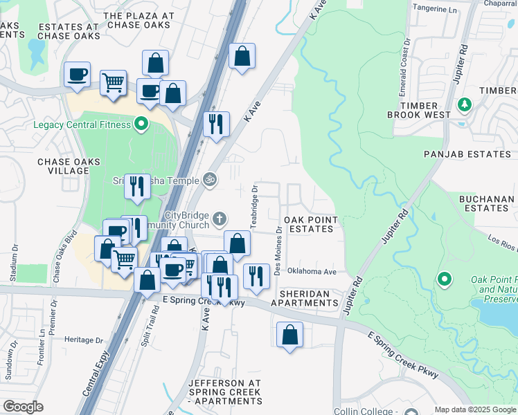 map of restaurants, bars, coffee shops, grocery stores, and more near 6417 Teabridge Drive in Plano