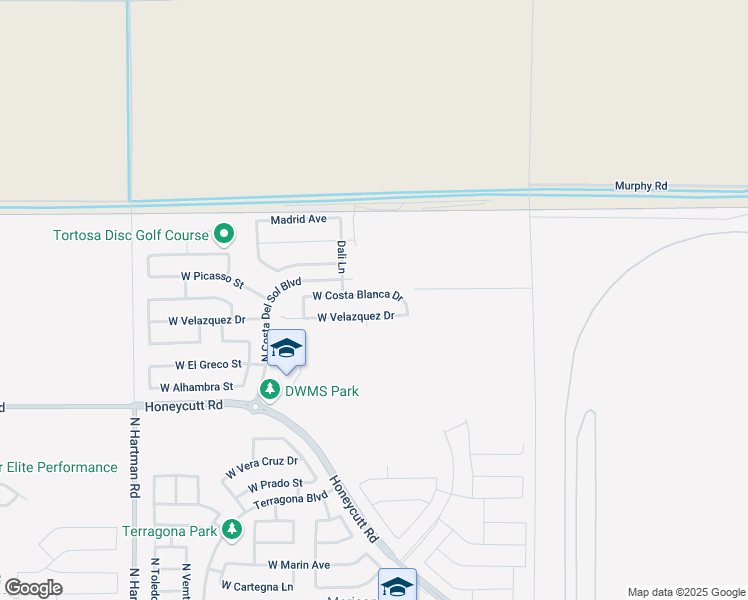 map of restaurants, bars, coffee shops, grocery stores, and more near 35711 West Costa Blanca Drive in Maricopa