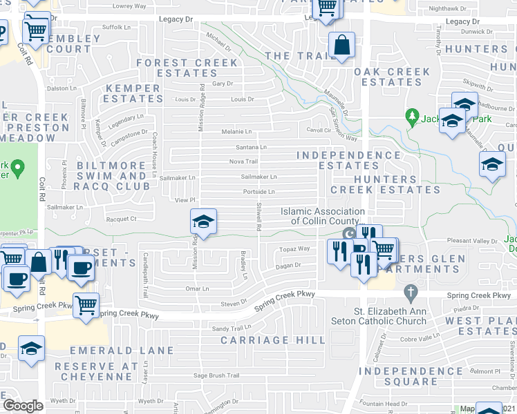 map of restaurants, bars, coffee shops, grocery stores, and more near Stilwell Road in Plano