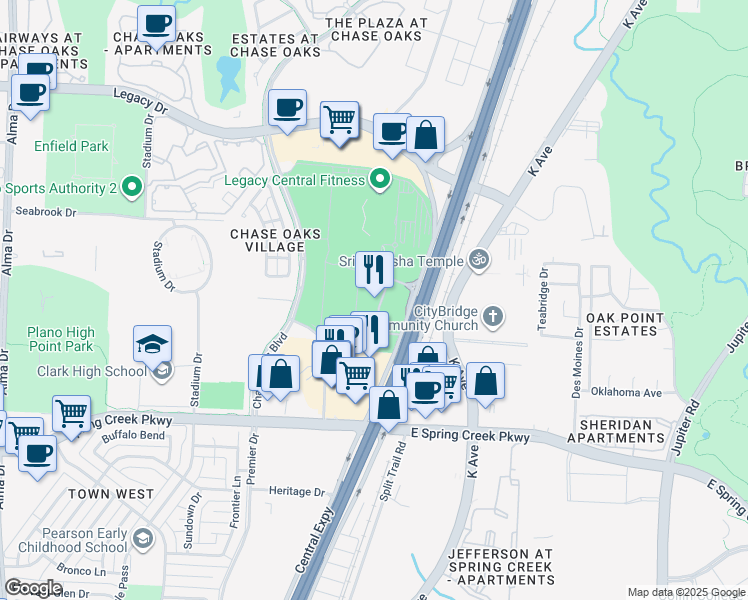 map of restaurants, bars, coffee shops, grocery stores, and more near 6501 Excellence Way in Plano