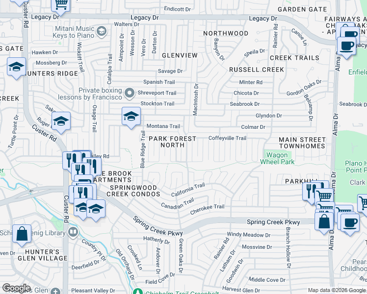 map of restaurants, bars, coffee shops, grocery stores, and more near 6513 Chinaberry Trail in Plano