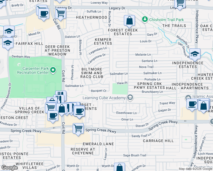 map of restaurants, bars, coffee shops, grocery stores, and more near 3601 Racquet Court in Plano