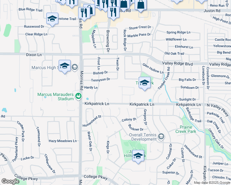 map of restaurants, bars, coffee shops, grocery stores, and more near 1804 Kirkpatrick Lane in Flower Mound