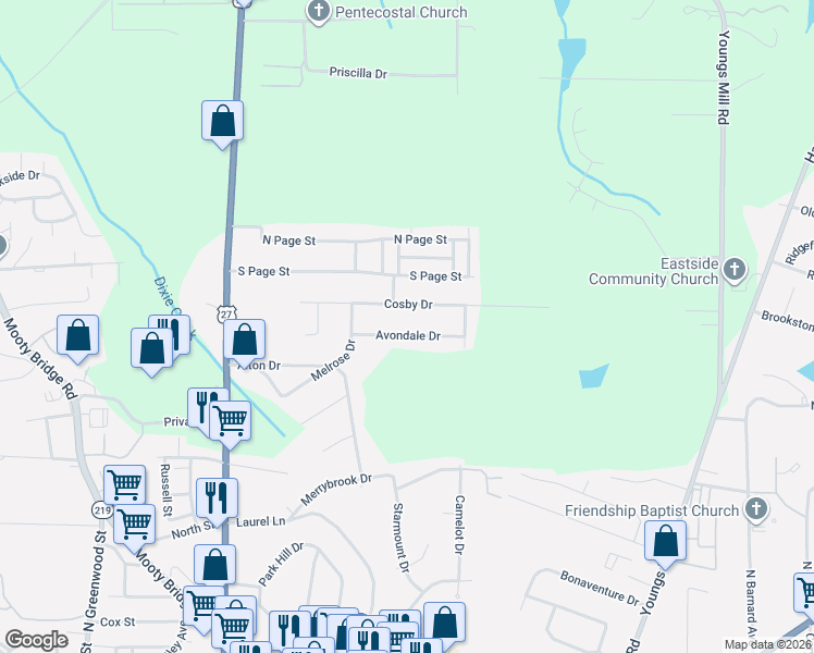 map of restaurants, bars, coffee shops, grocery stores, and more near 212 Avondale Drive in LaGrange