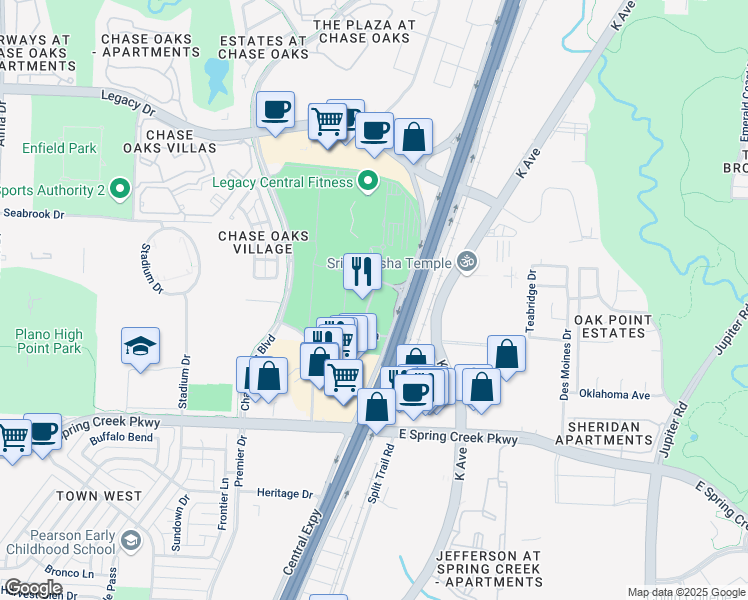 map of restaurants, bars, coffee shops, grocery stores, and more near 6500 Excellence Way in Plano