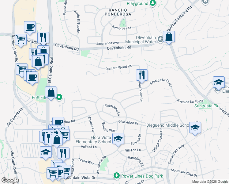 map of restaurants, bars, coffee shops, grocery stores, and more near 1418 Avenida La Posta in Encinitas