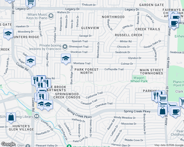 map of restaurants, bars, coffee shops, grocery stores, and more near 6513 Chinaberry Trail in Plano