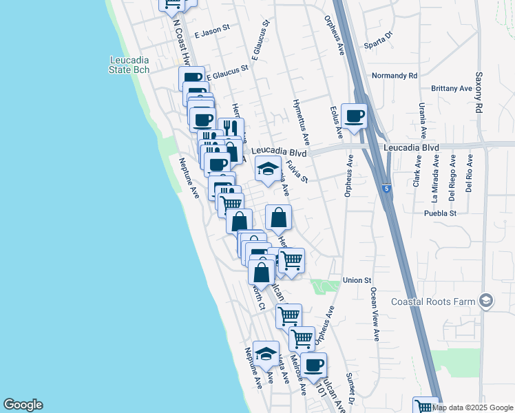 map of restaurants, bars, coffee shops, grocery stores, and more near 699 North Vulcan Avenue in Encinitas
