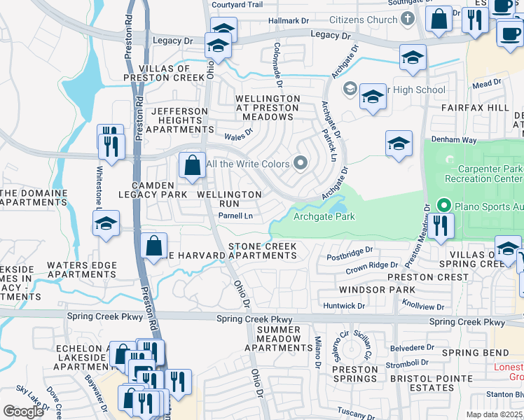 map of restaurants, bars, coffee shops, grocery stores, and more near 4644 Parnell Lane in Plano