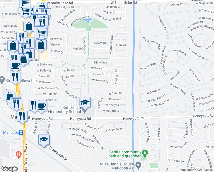 map of restaurants, bars, coffee shops, grocery stores, and more near 43463 West Oster Drive in Maricopa