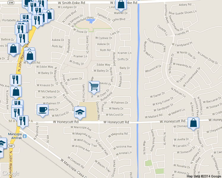 map of restaurants, bars, coffee shops, grocery stores, and more near 43463 West Oster Drive in Maricopa