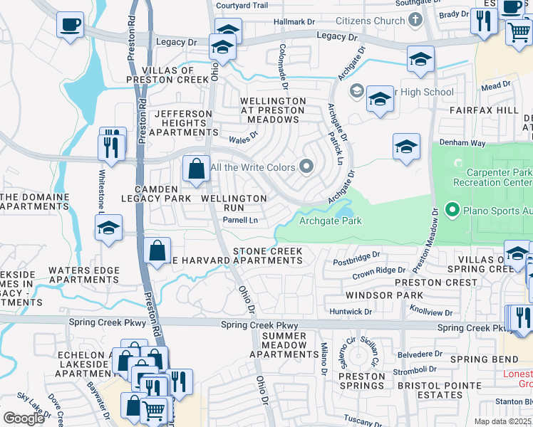 map of restaurants, bars, coffee shops, grocery stores, and more near 4644 Parnell Lane in Plano